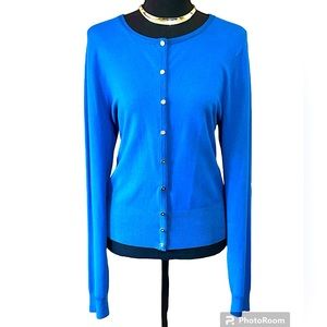 WHITE HOUSE BLACK MARKET Silver/Pave Crystal Snap Front Cardigan, ROYAL BLUE, L